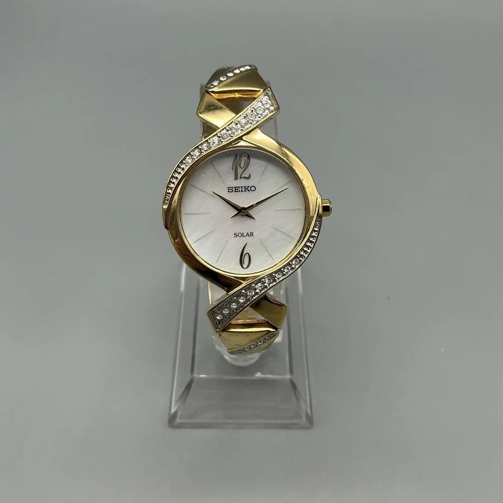 Seiko Solar V115-0BH0 Womens Watch 29mm MOP Dial Gold Tone Crystals 6
